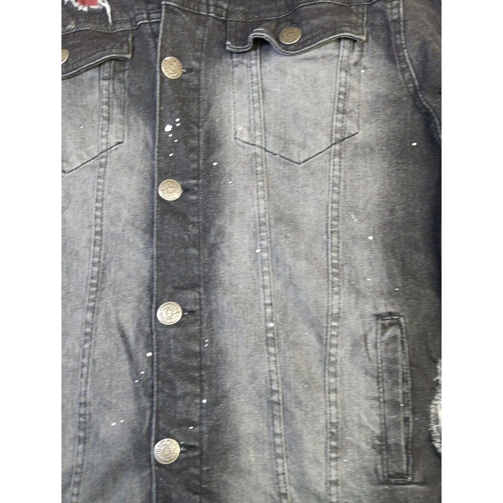 Brooklyn State Distressed Denim Trucker Jacket Black Medium Ripped Painted EUC - Picture 6 of 9